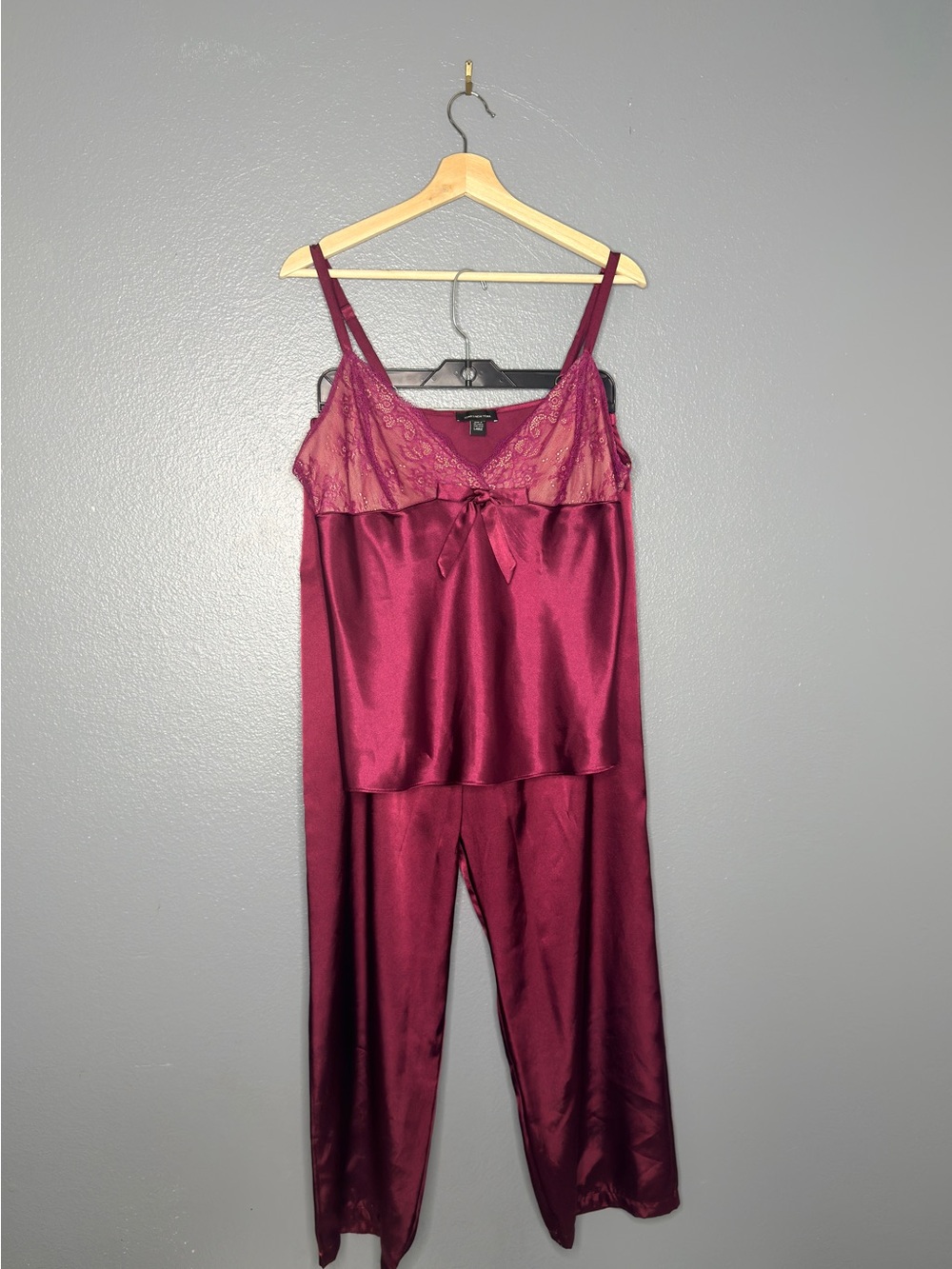 Silky Lace-Trim Burgundy Satin Pajama Set - Women Large